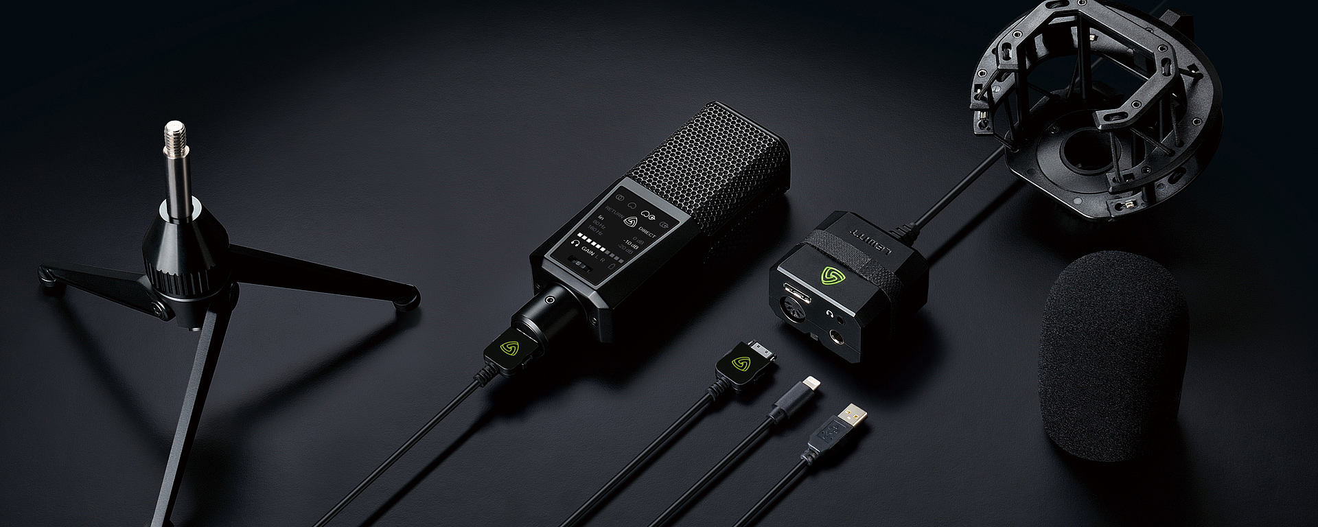 This image shows the DGT 650 USB microphone and interface on black background