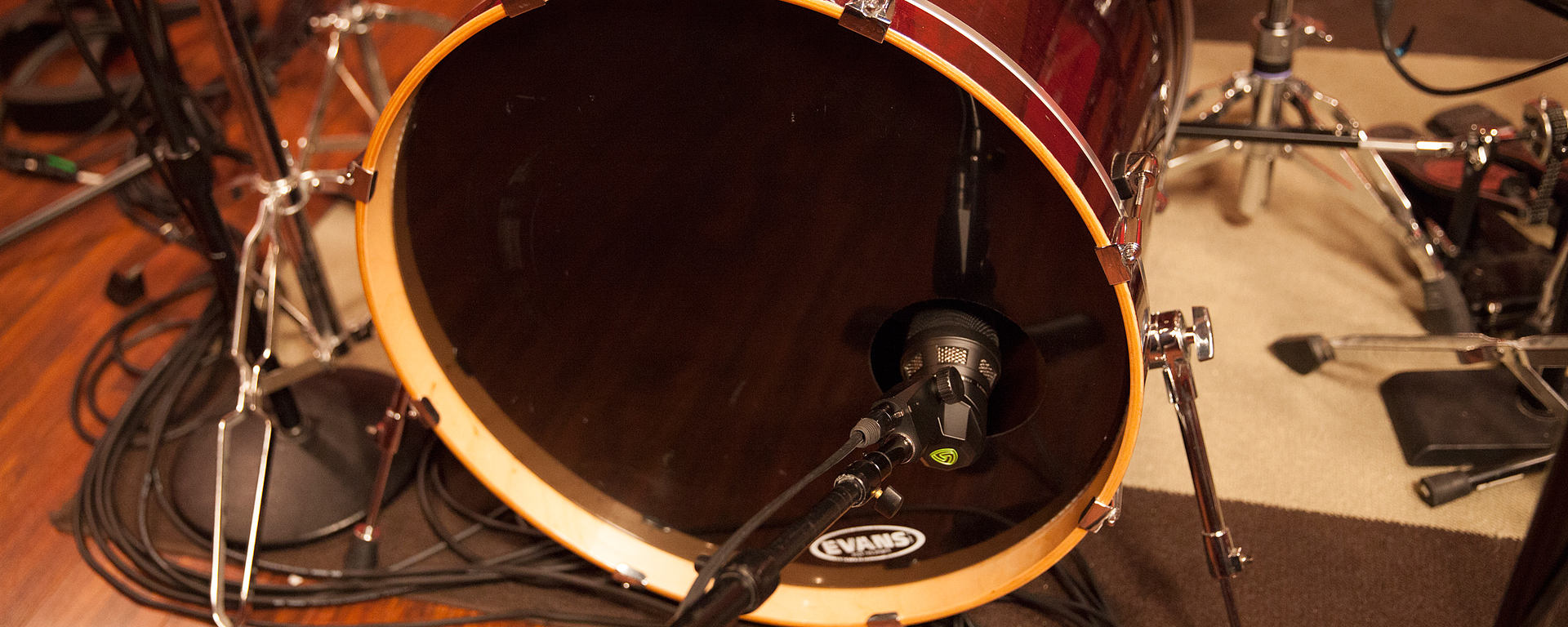 This image shows the DTP 640 REX dual element kick-drum microphone on a kick drum