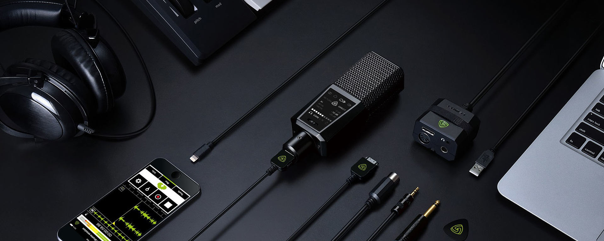 This image shows the DGT 650 USB microphone and interface mobile recording studio